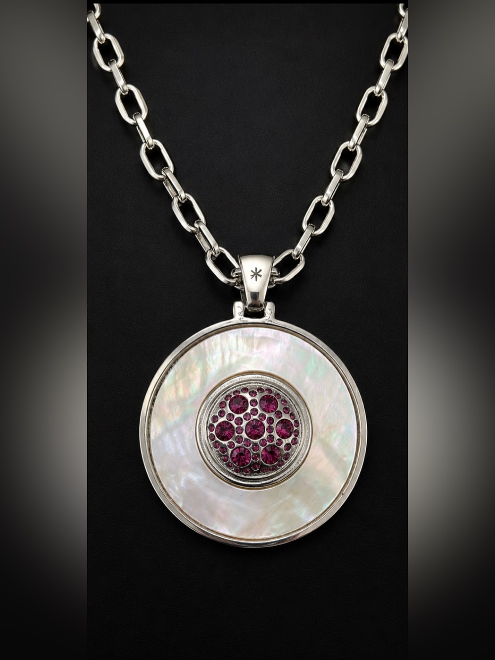 Mother of Pearl Statement Pendant Necklace Pink Rhinestones Silver Tone